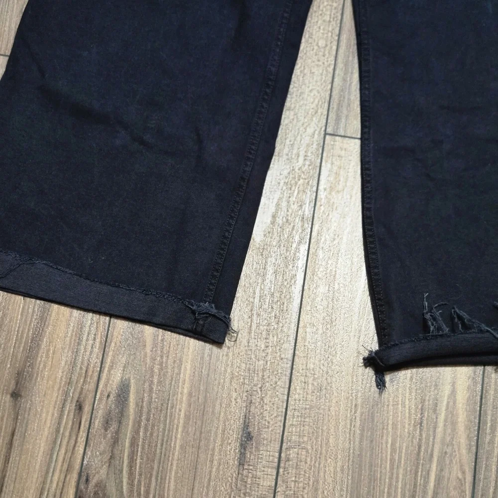 Zara Black High Rise Wide Leg Jeans Raw Hem Frayed size 14 32in